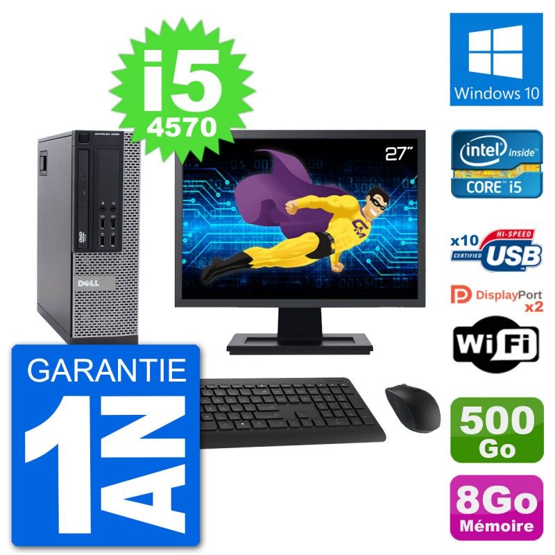PC Dell 9020 SFF Ecran 27" Intel i5-4570 RAM 8Go Disque 500Go Windows 10 Wifi
