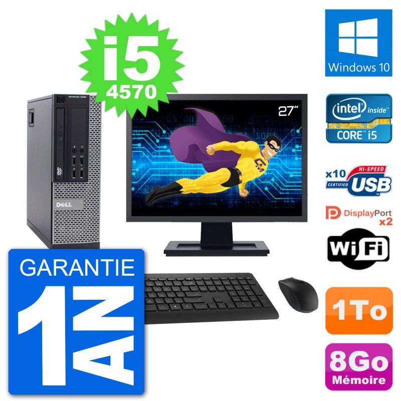 PC Dell 9020 SFF Ecran 27" Intel i5-4570 RAM 8Go Disque 1To Windows 10 Wifi