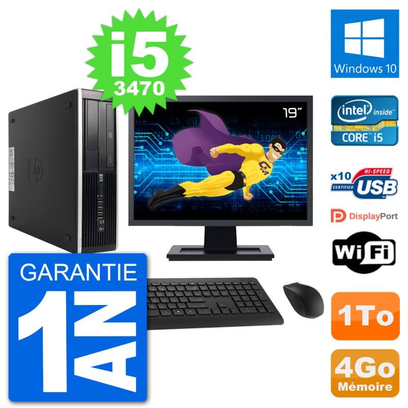 PC HP 8300 SFF Ecran 19" Intel i5-3470 RAM 4Go Disque Dur 1To Windows 10 Wifi