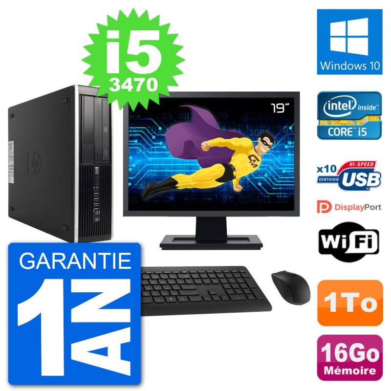 PC HP 8300 Elite SFF Ecran 19" Intel i5-3470 RAM 16Go Disque 1To Windows 10 Wifi