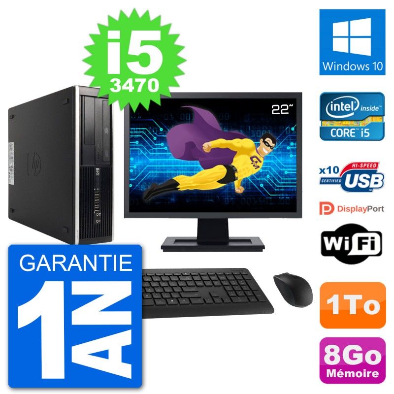 PC HP 8300 SFF Ecran 22" Intel i5-3470 RAM 8Go Disque Dur 1To Windows 10 Wifi