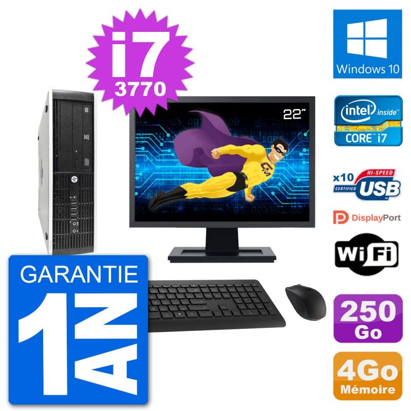 PC HP 8300 SFF Ecran 22" Intel i7-3770 RAM 4Go Disque 250Go Windows 10 Wifi