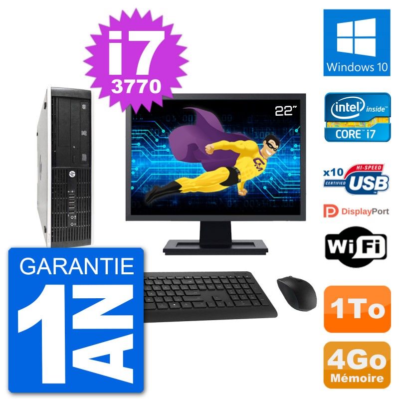 PC HP 8300 SFF Ecran 22" Intel i7-3770 RAM 4Go Disque Dur 1To Windows 10 Wifi