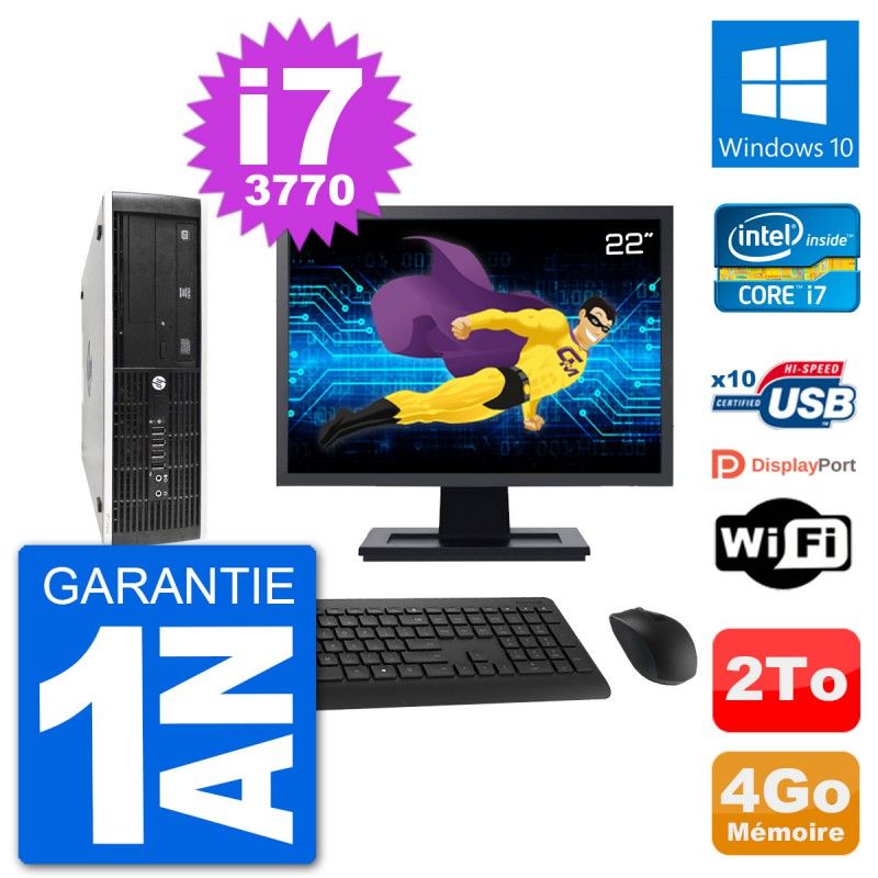 PC HP 8300 SFF Ecran 22" Intel i7-3770 RAM 4Go Disque Dur 2To Windows 10 Wifi
