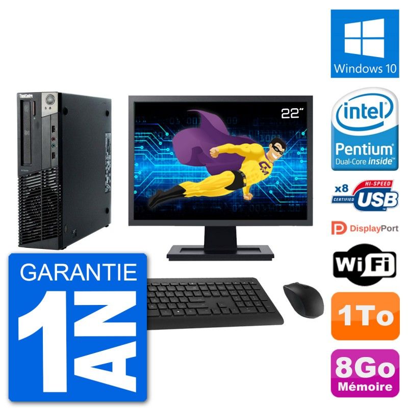 PC Lenovo M92p SFF Ecran 22" Intel G630 RAM 8Go Disque 1To Windows 10 Wifi