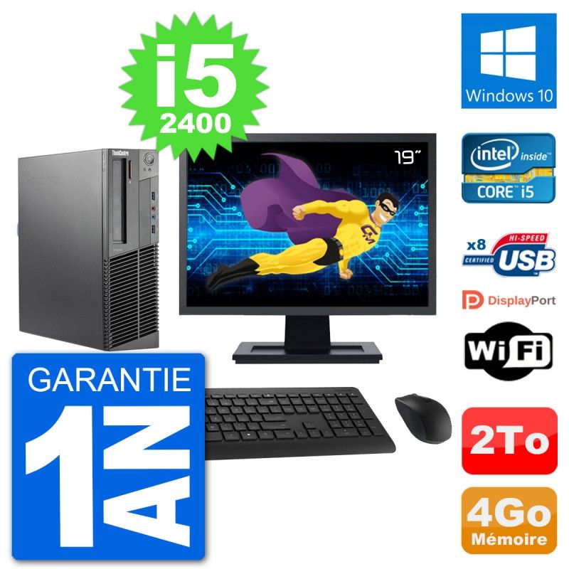 PC Lenovo M92p SFF Ecran 19" Intel i5-2400 RAM 4Go Disque 2To Windows 10 Wifi