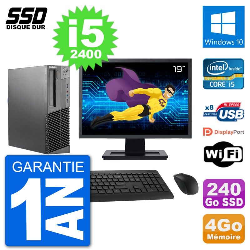 PC Lenovo M92p SFF Ecran 19" Intel i5-2400 RAM 4Go SSD 240Go Windows 10 Wifi