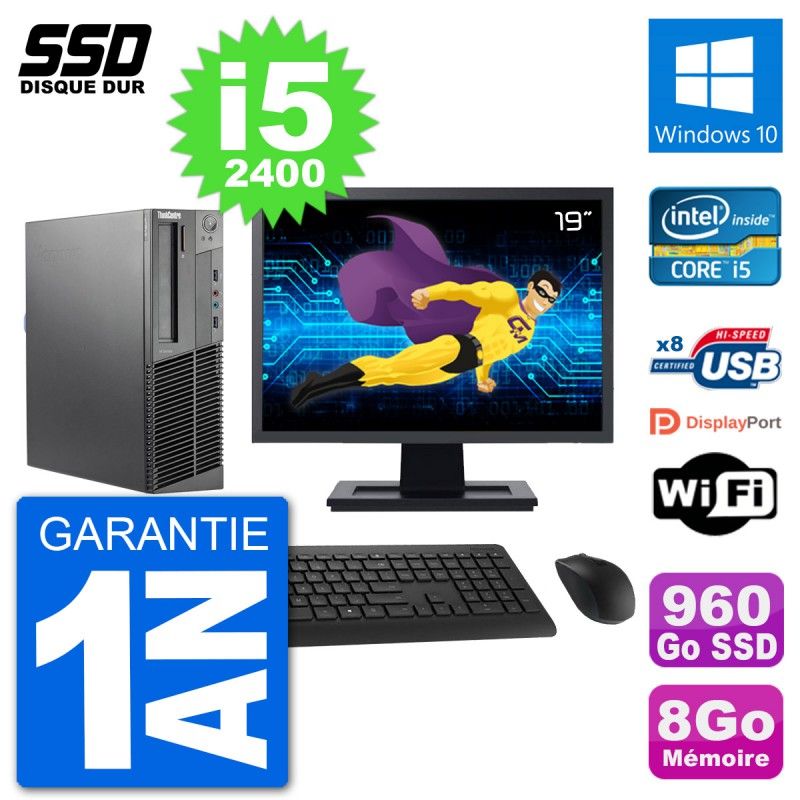 PC Lenovo M92p SFF Ecran 19" Intel i5-2400 RAM 8Go SSD 960Go Windows 10 Wifi