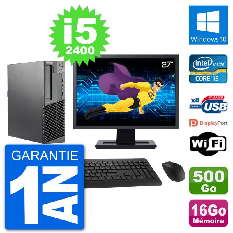 PC Lenovo M92p SFF Ecran 27" Intel i5-2400 RAM 16Go Disque 500Go Windows 10 Wifi
