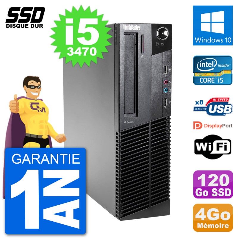 PC Lenovo ThinkCentre M92p SFF Intel i5-3470 RAM 4Go SSD 120Go Windows 10 Wifi