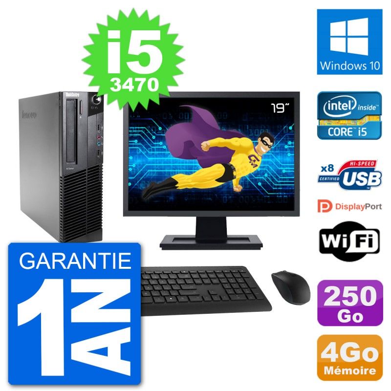 PC Lenovo M92p SFF Ecran 19" Intel i5-3470 RAM 4Go Disque 250Go Windows 10 Wifi