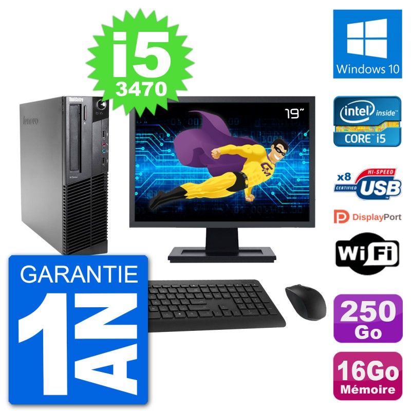 PC Lenovo M92p SFF Ecran 19" Intel i5-3470 RAM 16Go Disque 250Go Windows 10 Wifi