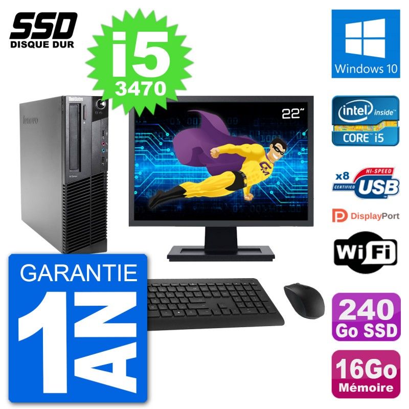 PC Lenovo M92p SFF Ecran 22" Intel i5-3470 RAM 16Go SSD 240Go Windows 10 Wifi