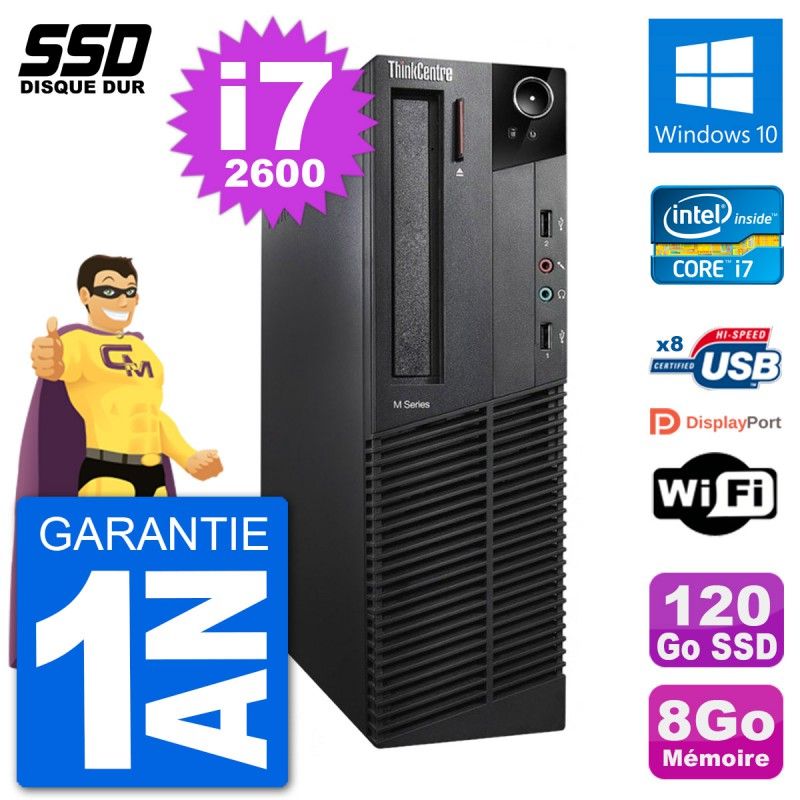 PC Lenovo ThinkCentre M92p SFF Intel i7-2600 RAM 8Go SSD 120Go Windows 10 Wifi