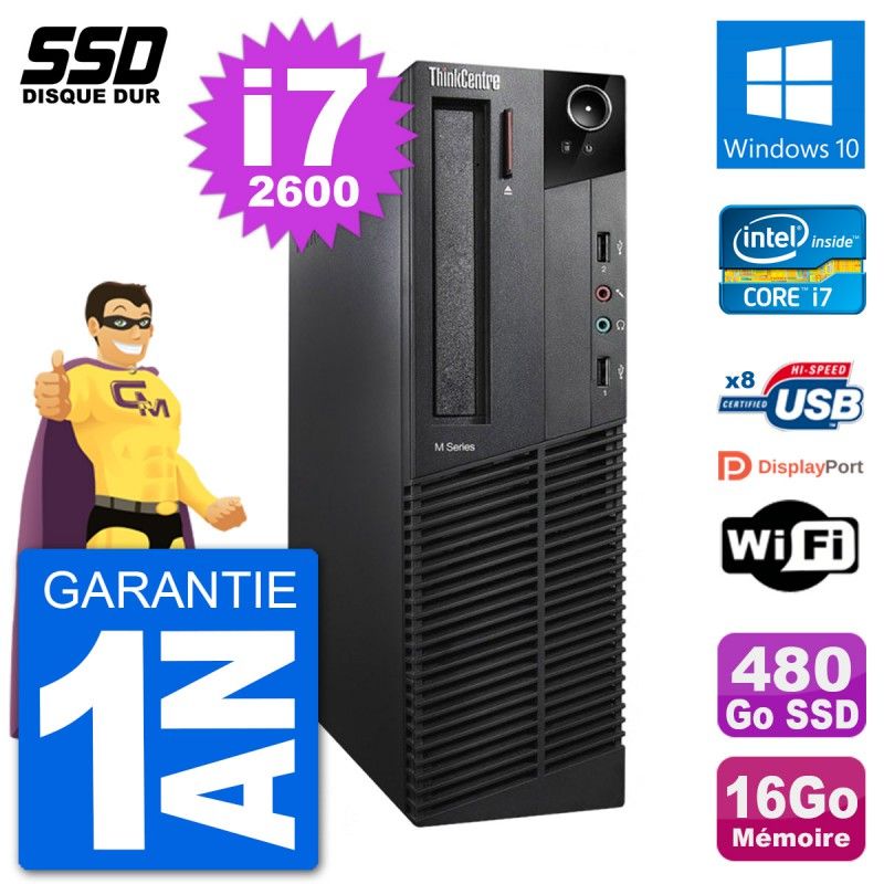 PC Lenovo ThinkCentre M92p SFF Intel i7-2600 RAM 16Go SSD 480Go Windows 10 Wifi