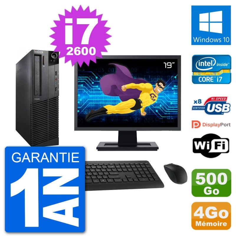 PC Lenovo M92p SFF Ecran 19" Intel i7-2600 RAM 4Go Disque 500Go Windows 10 Wifi
