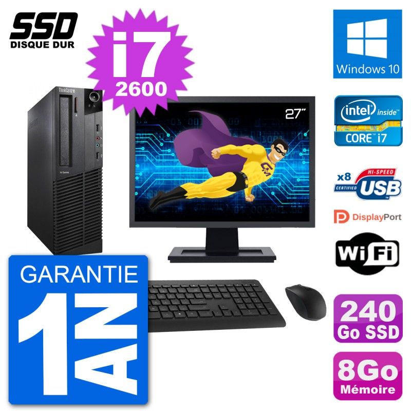 PC Lenovo M92p SFF Ecran 27" Intel i7-2600 RAM 8Go SSD 240Go Windows 10 Wifi