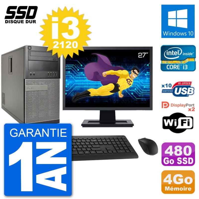 PC Tour Dell 7010 Ecran 27" Intel Core i3-2120 RAM 4Go SSD 480Go Windows 10 Wifi