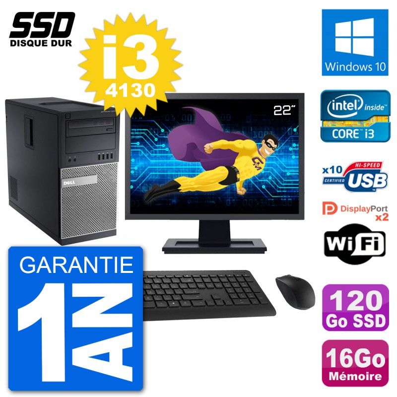 PC Tour Dell 9020 Ecran 22" Intel i3-4130 RAM 16Go SSD 120Go Windows 10 Wifi