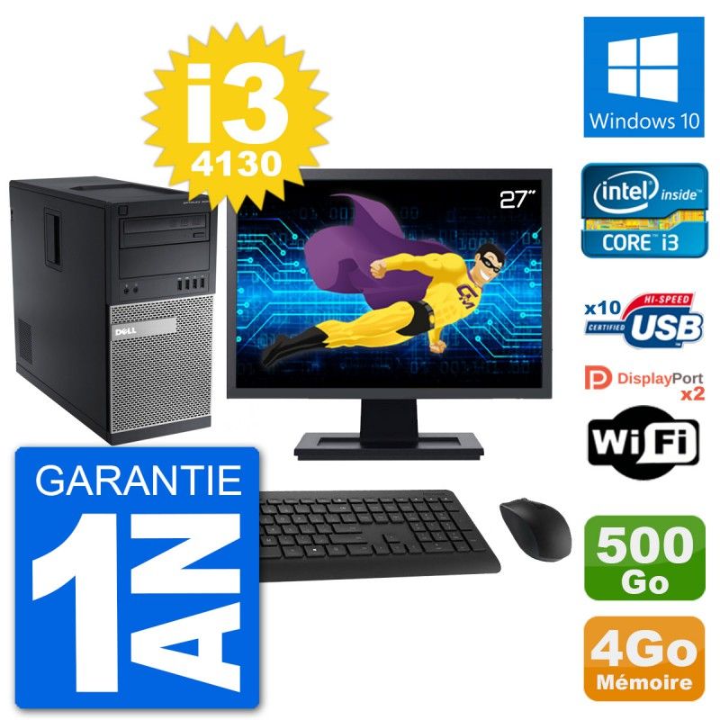 PC Tour Dell 9020 Ecran 27" Intel i3-4130 RAM 4Go Disque 500Go Windows 10 Wifi