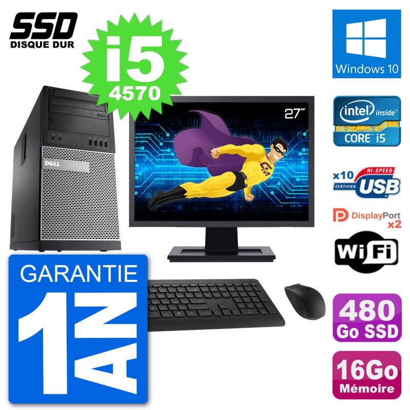 PC Tour Dell 9020 Ecran 27" Intel i5-4570 RAM 16Go SSD 480Go Windows 10 Wifi