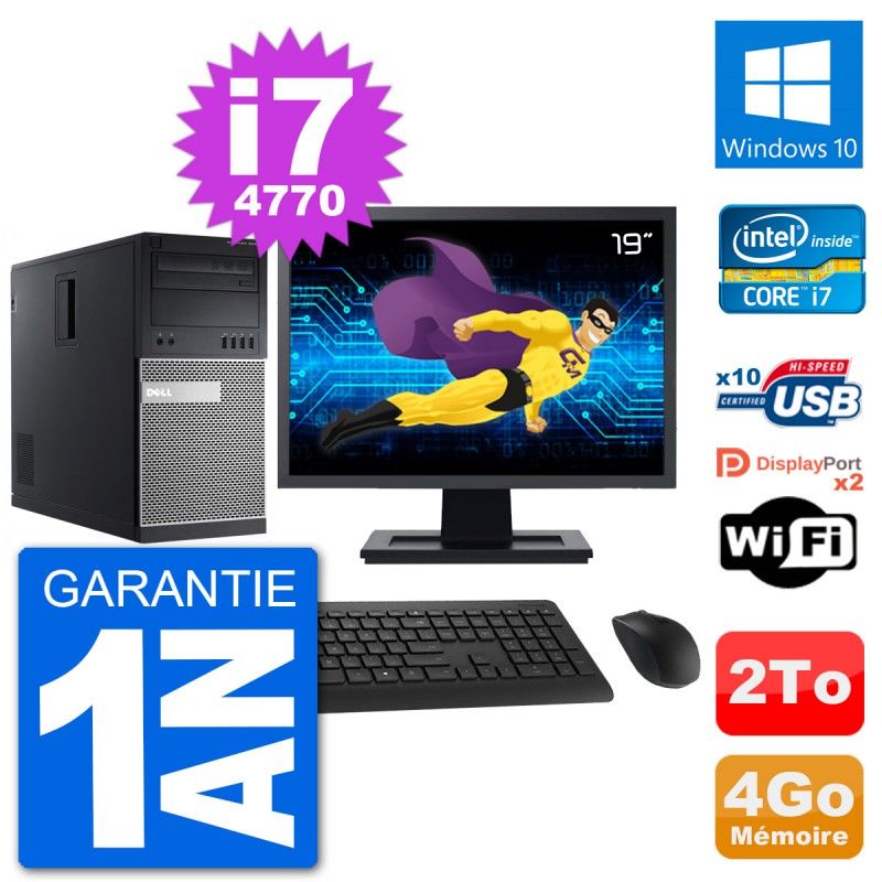 PC Tour Dell 9020 Ecran 19" Intel i7-4770 RAM 4Go Disque 2To Windows 10 Wifi