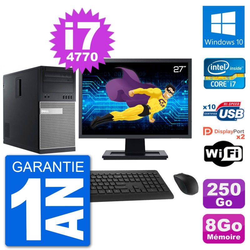 PC Tour Dell 9020 Ecran 27" Intel i7-4770 RAM 8Go Disque 250Go Windows 10 Wifi