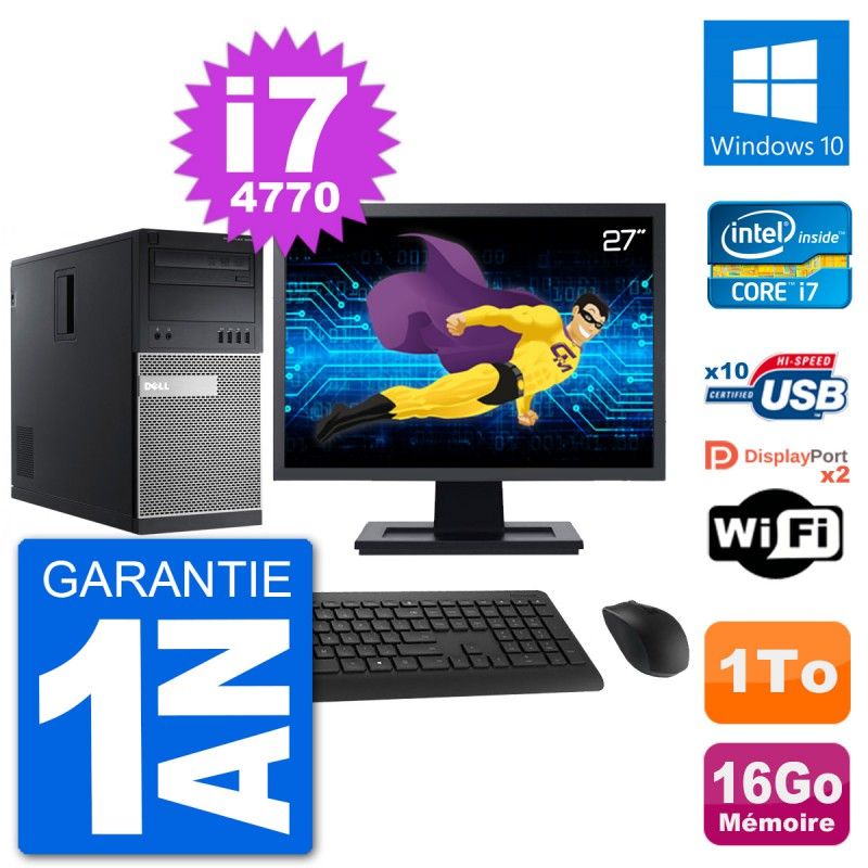 PC Tour Dell 9020 Ecran 27" Intel i7-4770 RAM 16Go Disque 1To Windows 10 Wifi