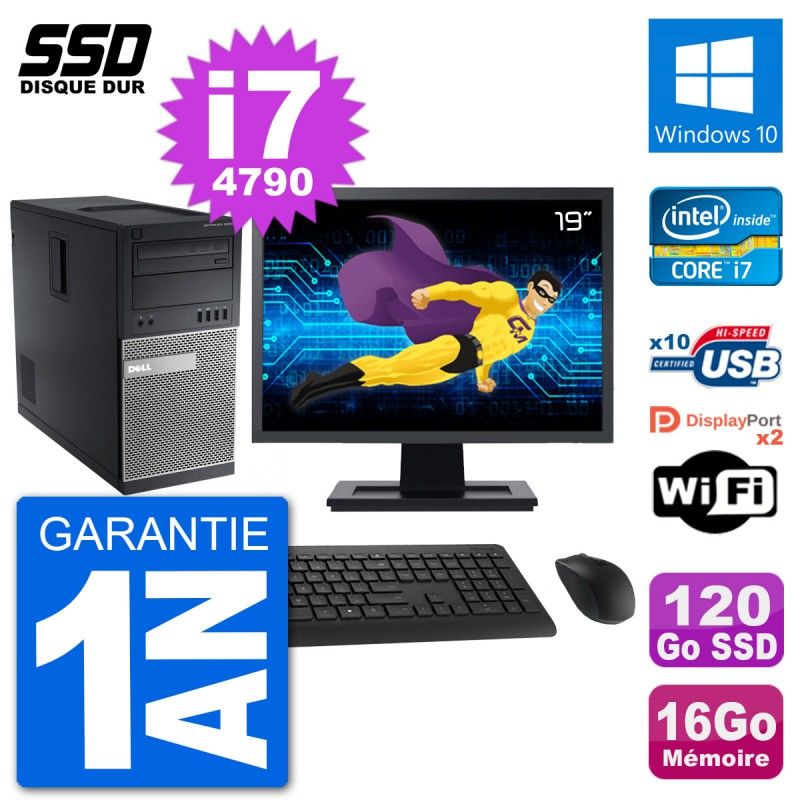 PC Tour Dell 9020 Ecran 19" Intel i7-4790 RAM 16Go SSD 120Go Windows 10 Wifi