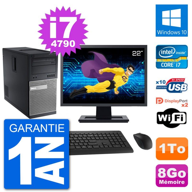 PC Tour Dell 9020 Ecran 22" Intel i7-4790 RAM 8Go Disque 1To Windows 10 Wifi