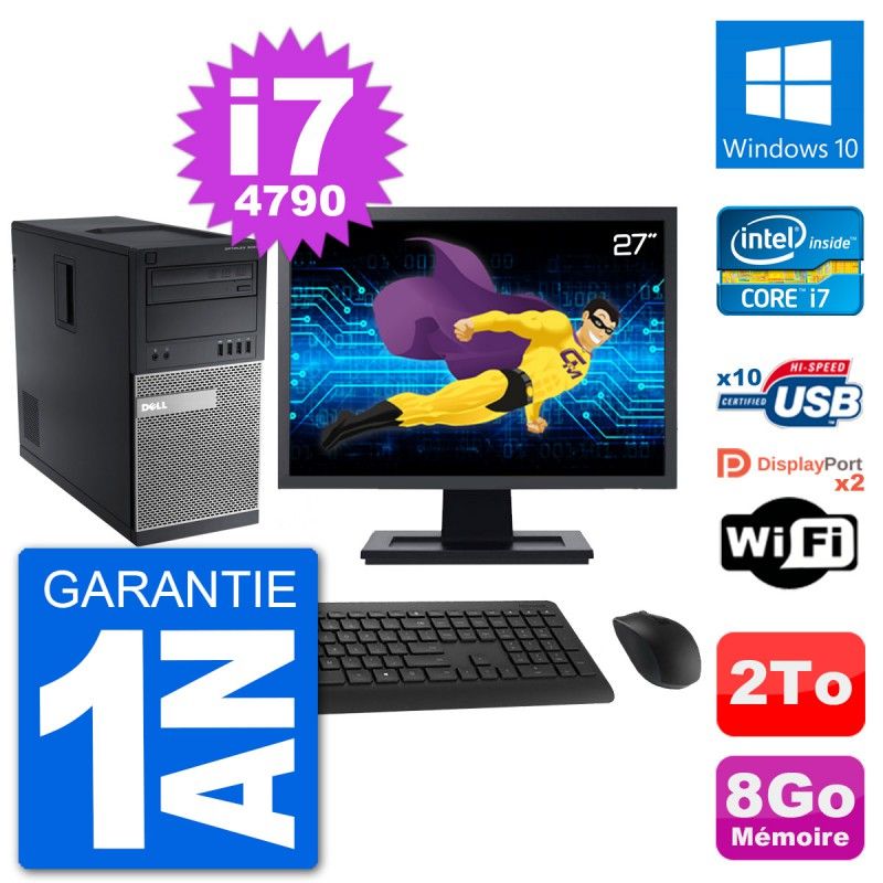 PC Tour Dell 9020 Ecran 27" Intel i7-4790 RAM 8Go Disque 2To Windows 10 Wifi