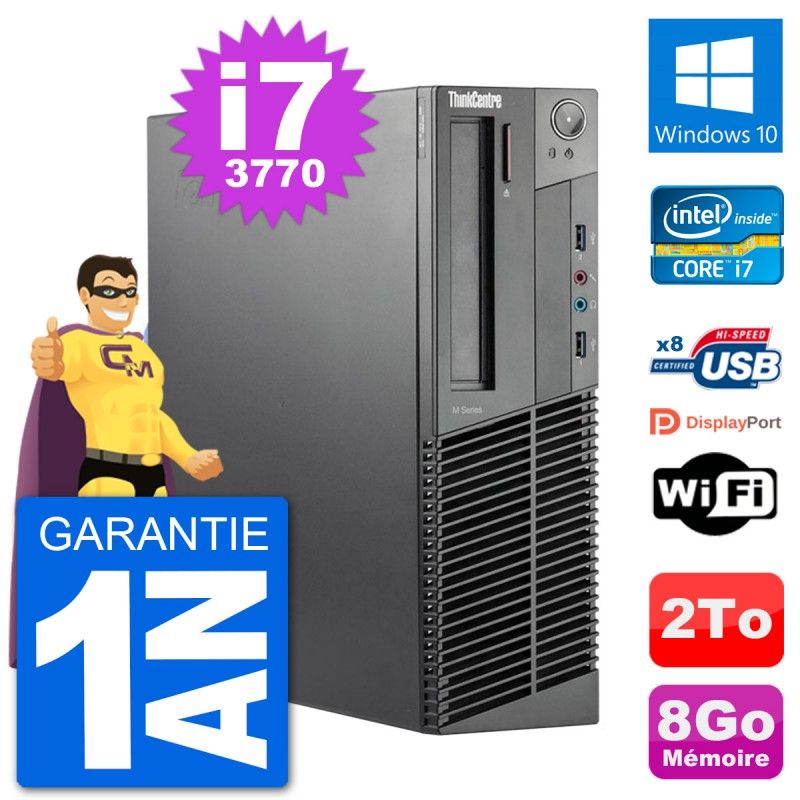 PC Lenovo M92p SFF Intel i7-3770 RAM 8Go Disque Dur 2To Windows 10 Wifi