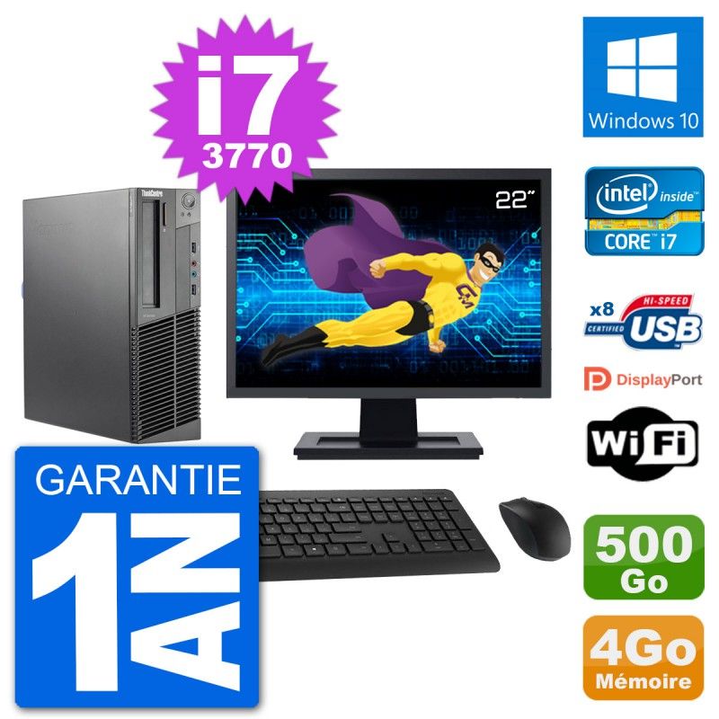 PC Lenovo M92p SFF Ecran 22" Intel i7-3770 RAM 4Go Disque 500Go Windows 10 Wifi