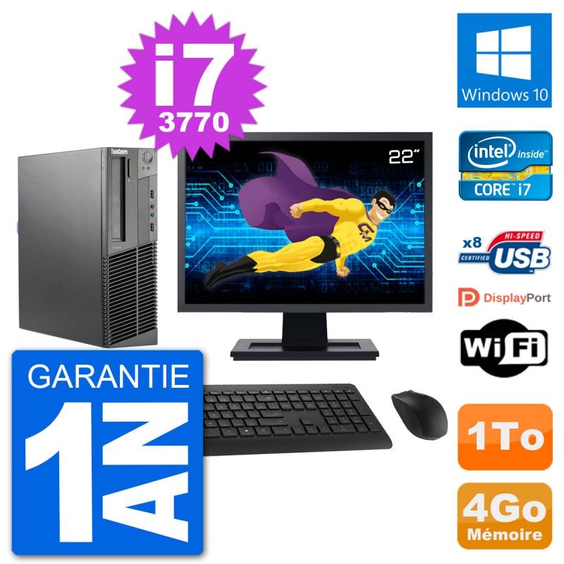 PC Lenovo M92p SFF Ecran 22" Intel i7-3770 RAM 4Go Disque 1To Windows 10 Wifi
