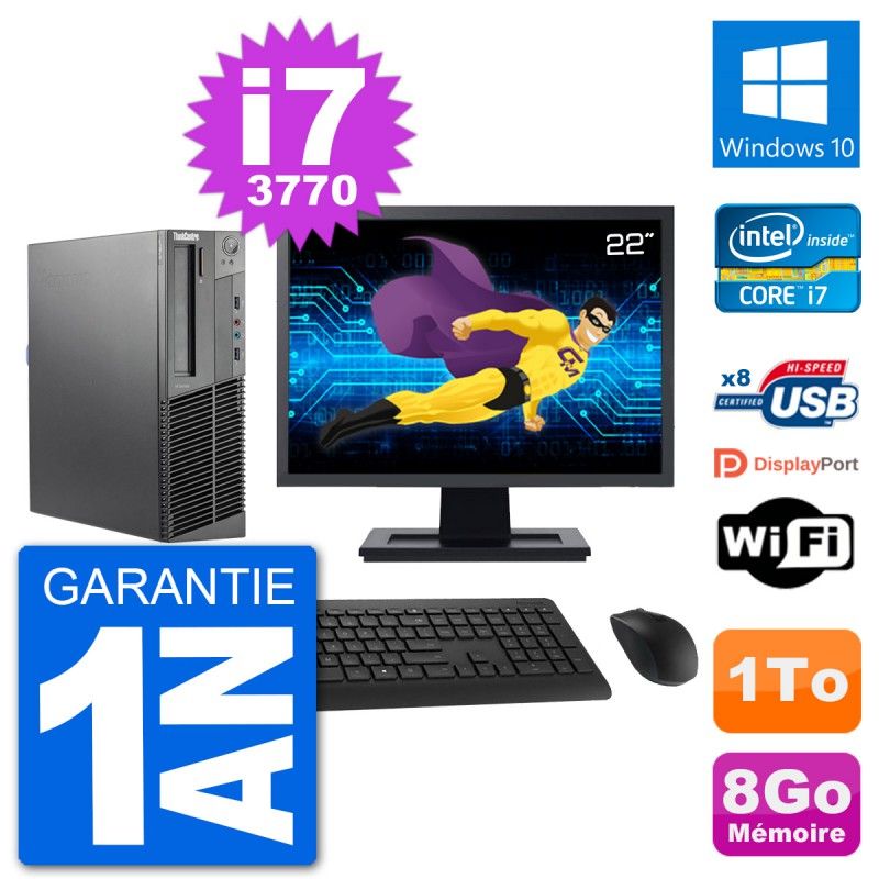 PC Lenovo M92p SFF Ecran 22" Intel i7-3770 RAM 8Go Disque 1To Windows 10 Wifi