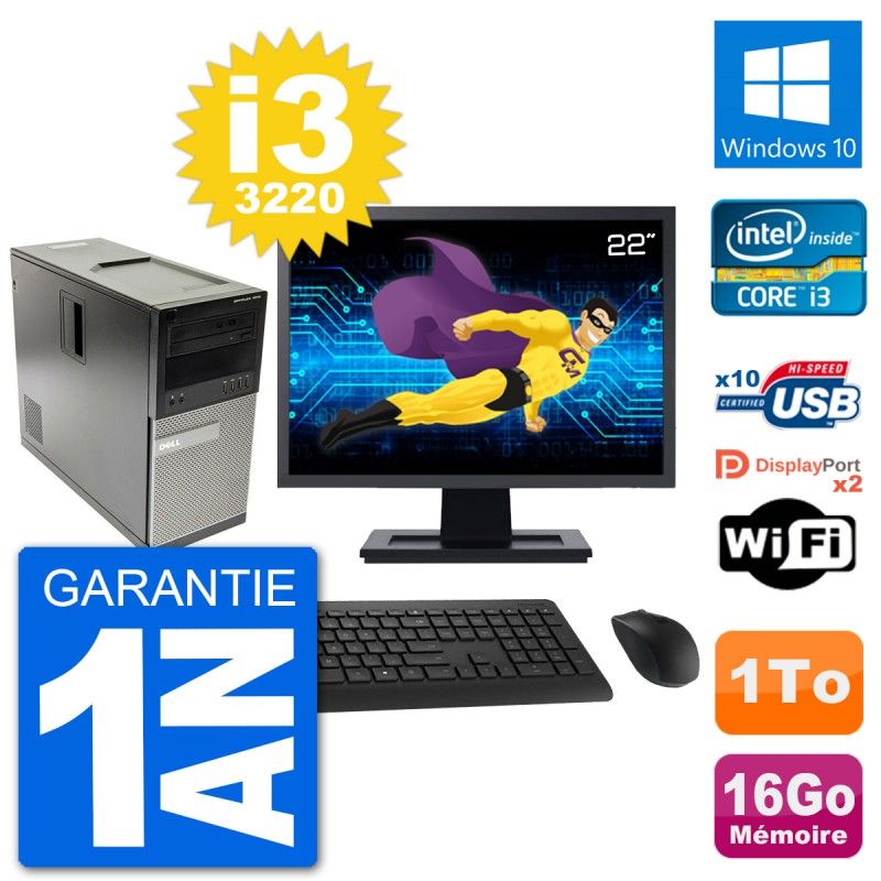 PC Tour Dell 7010 Ecran 22" Intel i3-3220 RAM 16Go Disque 1To Windows 10 Wifi