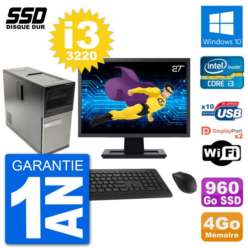 PC Tour Dell 7010 Ecran 27" Intel Core i3-3220 RAM 4Go SSD 960Go Windows 10 Wifi