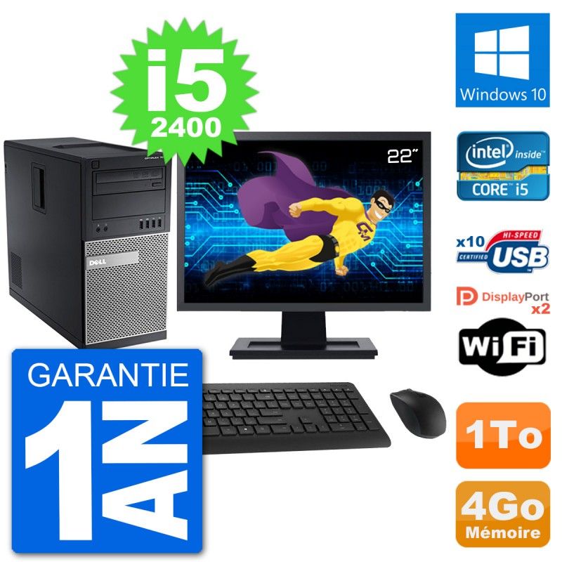 PC Tour Dell 7010 Ecran 22" Intel i5-2400 RAM 4Go Disque 1To Windows 10 Wifi