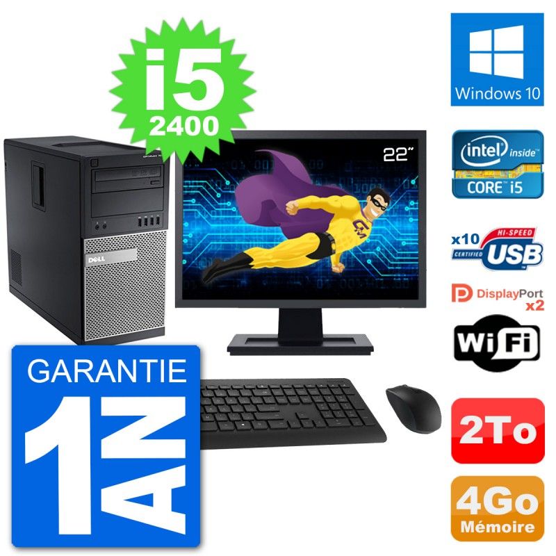 PC Tour Dell 7010 Ecran 22" Intel i5-2400 RAM 4Go Disque 2To Windows 10 Wifi