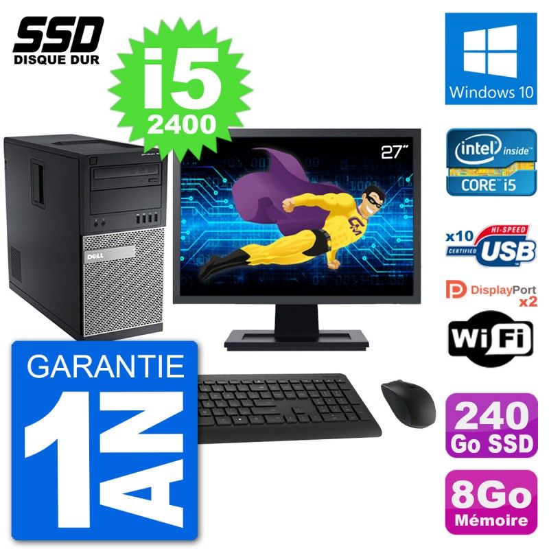 PC Tour Dell 7010 Ecran 27" Intel Core i5-2400 RAM 8Go SSD 240Go Windows 10 Wifi