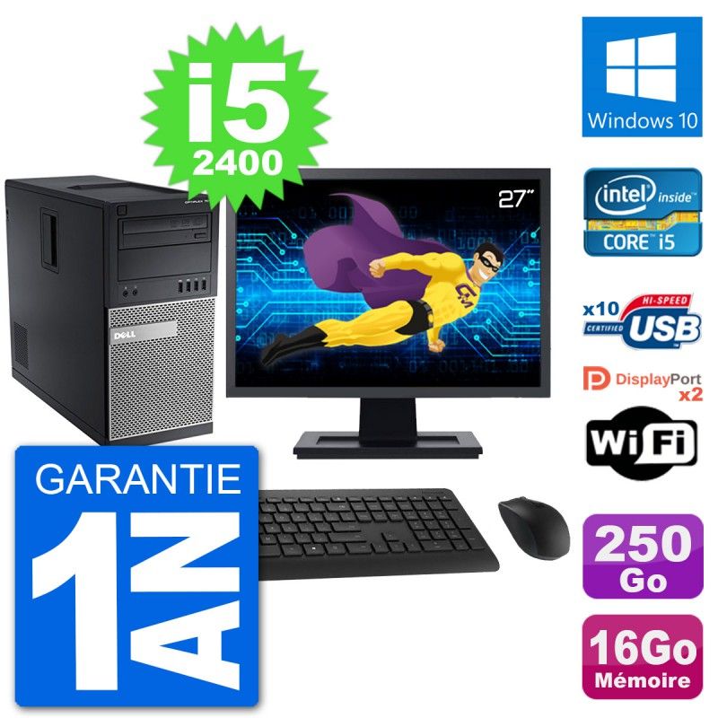 PC Tour Dell 7010 Ecran 27" Intel i5-2400 RAM 16Go Disque 250Go Windows 10 Wifi