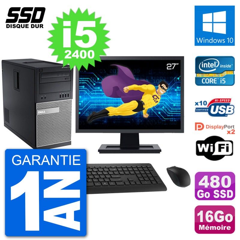 PC Tour Dell 7010 Ecran 27" Intel i5-2400 RAM 16Go SSD 480Go Windows 10 Wifi