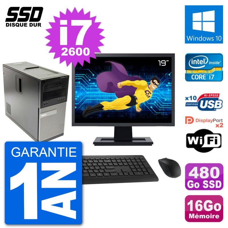 PC Tour Dell 7010 Ecran 19" Intel i7-2600 RAM 16Go SSD 480Go Windows 10 Wifi