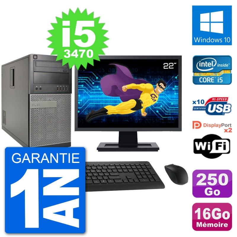 PC Tour Dell 7010 Ecran 22" Intel i5-3470 RAM 16Go Disque 250Go Windows 10 Wifi