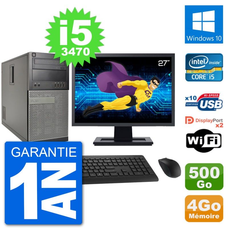 PC Tour Dell 7010 Ecran 27" Intel i5-3470 RAM 4Go Disque 500Go Windows 10 Wifi