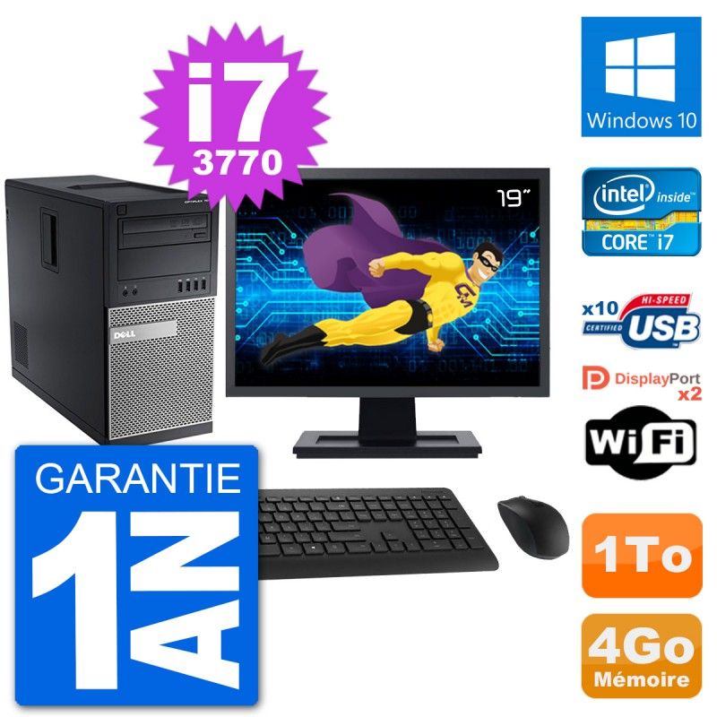 PC Tour Dell 7010 Ecran 19" Intel i7-3770 RAM 4Go Disque 1To Windows 10 Wifi