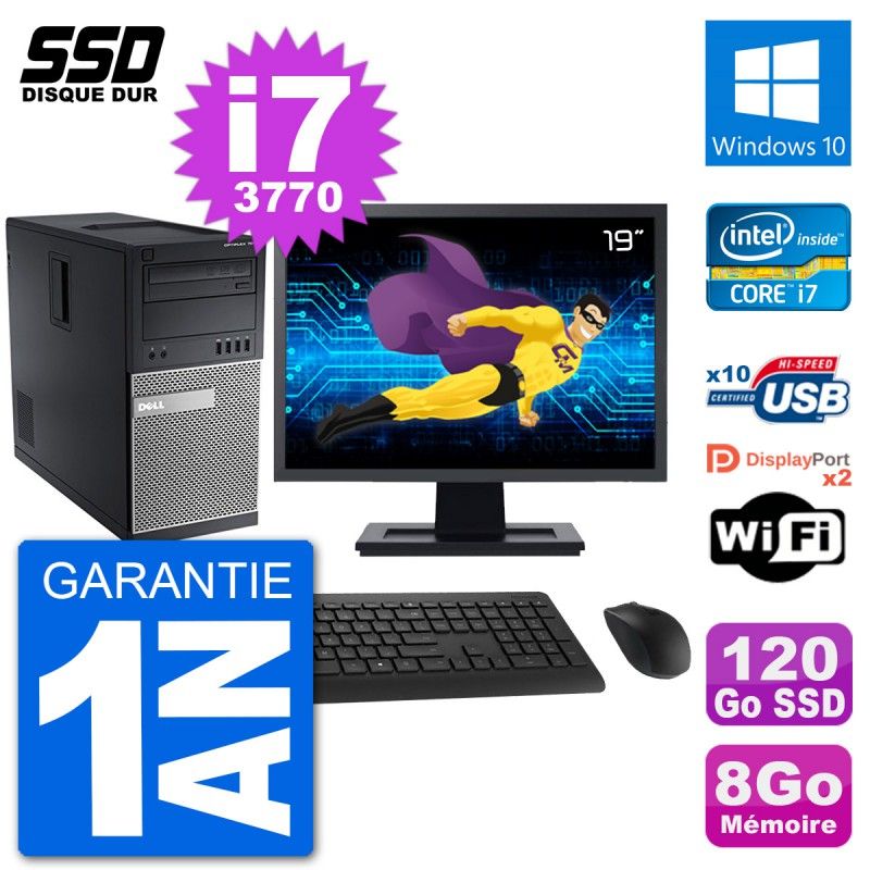 PC Tour Dell 7010 Ecran 19" Intel Core i7-3770 RAM 8Go SSD 120Go Windows 10 Wifi