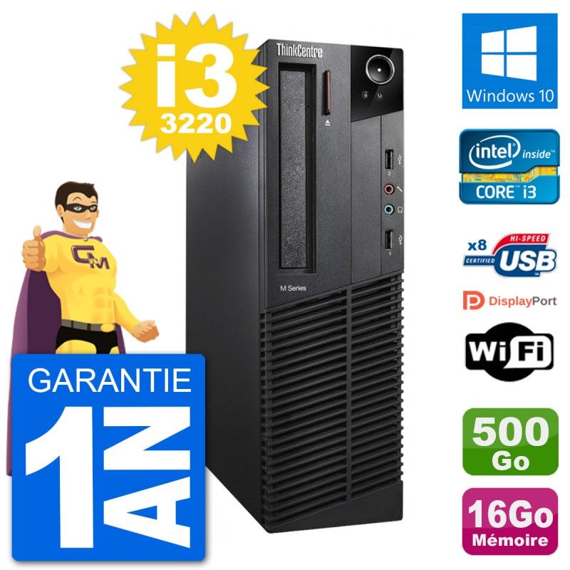 PC Lenovo M92p SFF Intel i3-3220 RAM 16Go Disque Dur 500Go Windows 10 Wifi
