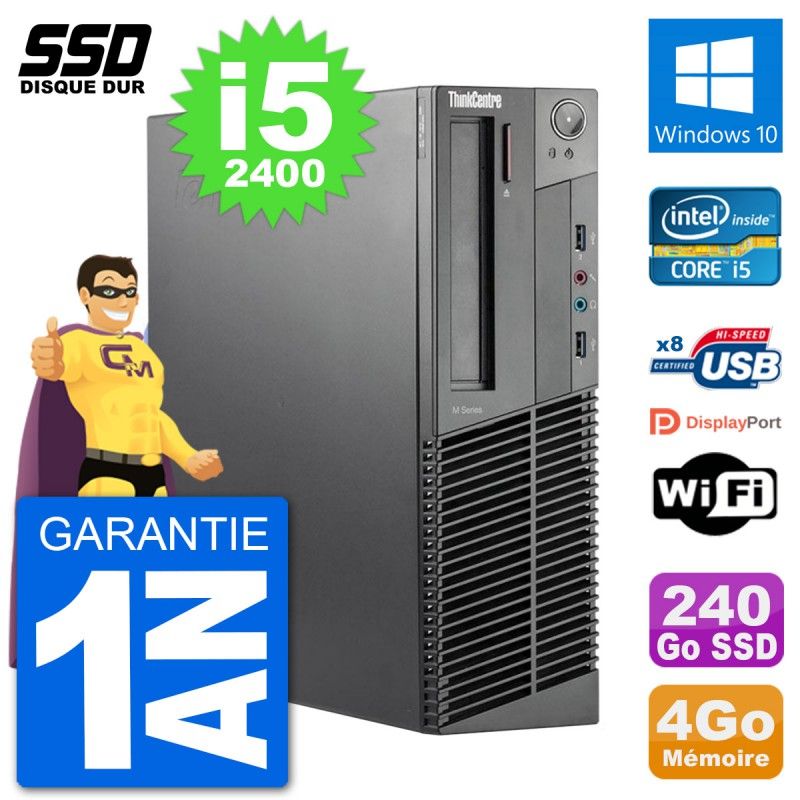 PC Lenovo ThinkCentre M92p SFF Intel i5-2400 RAM 4Go SSD 240Go Windows 10 Wifi