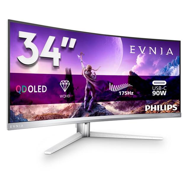 Philips Evnia 8000 34M2C8600 - Moniteur OLED - jeux - incurvé - 34" - 3440 x 1440 WQHD @ 175 Hz - 1000 cd/m² - 1000000:1 - DisplayHDR 400 True Black - 0.1 ms - 2xHDMI, DisplayPort, USB-C - haut-parleurs - blanc